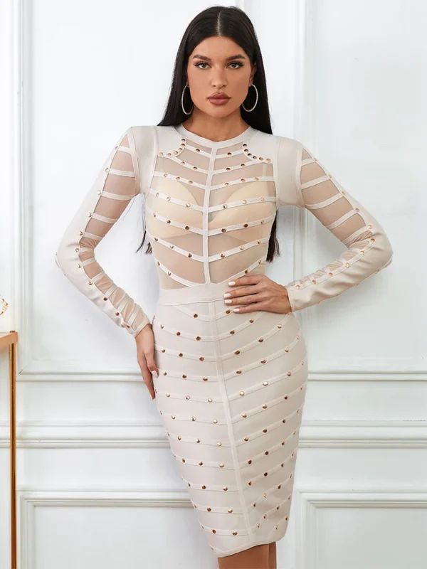 BEAUKEY Abito da sera sexy beige con rivetti tempestati di maglia con borchie Prospettiva da donna Abito trasparente aderente a maniche lunghe XXL Vestido 2