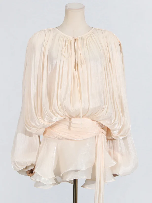 VGH Chic Impiombato Lace Up Abiti corti sexy allentati per le donne Girocollo Manica lunga Minimalista Ruffles Pieghe Abito Moda femminile 3