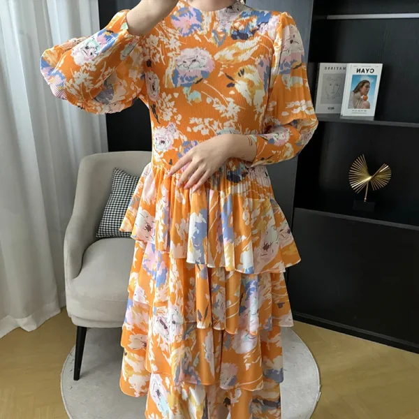 2024 primavera abito longuette plissettato nuovo stile straniero stampa gonna a bolle Vintage vita arricciata floreale abiti Slim abbigliamento donna 3
