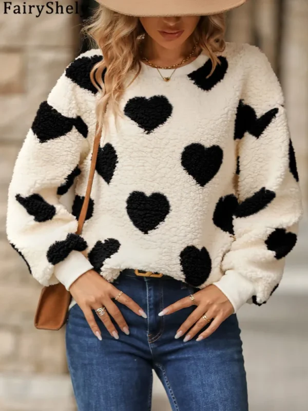 Fairyshely 2025 Inverno Love Print Felpe con cappuccio larghe da donna Felpa con stampa a maniche lunghe Allentato Casual Autunno Lady Felpa con cappuccio in peluche Top 3