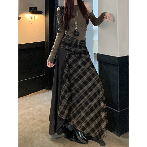 MEXZT Y2K Gonna longuette scozzese Donna Harajuku Vintage Asimmetrico Gonne divise Autunno Inverno Grunge Coreano Patchwork Design Faldas 2