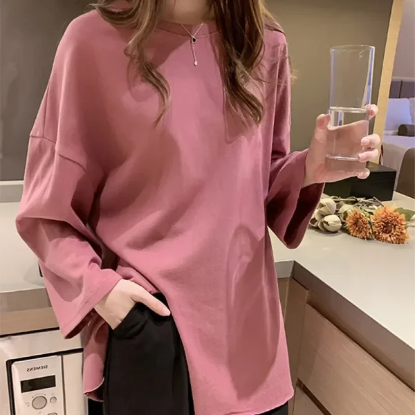 Camicia base a maniche lunghe divisa aperta alla moda Abbigliamento interno allentato da donna che tocca il fondo T-shirt per abbigliamento autunnale moda femminile 4