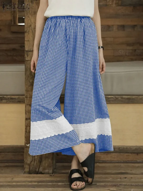 ZANZEA pantaloni a gamba larga da donna pantaloni lunghi con cuciture in pizzo Casual 2024 Pantalon elastico in vita autunnale pantalone corto scozzese Vintage 3