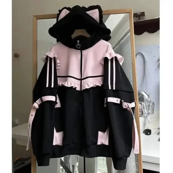Cappotto di peluche giapponese Y2k con volant impiombato Orecchie di gatto Giacca con cappuccio Kawaii Ragazza Secchio Decor Felpa Harajuku Capispalla donna carina 2