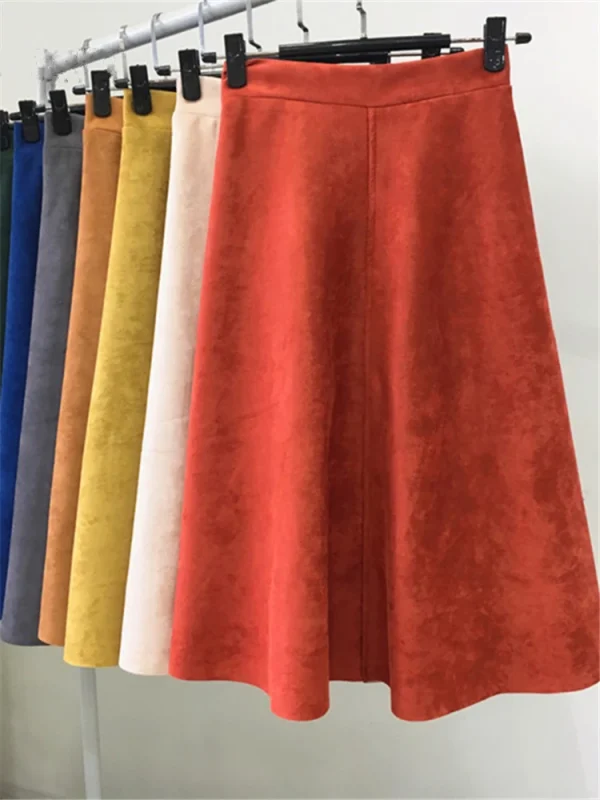 REALEFT Nuovo 2025 Autunno Inverno Donna Pelle Scamosciata Midi Gonne A Vita Alta Multi Colore Elegante A-Line Gonne Ombrello Gonna da Donna Femminile 3