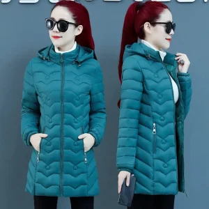 Nuovo Autunno inverno Parka Giacca imbottita calda moda donna Manica lunga con cappuccio Cappotto di cotone di media lunghezza femminile tuta sportiva sottile T528 1