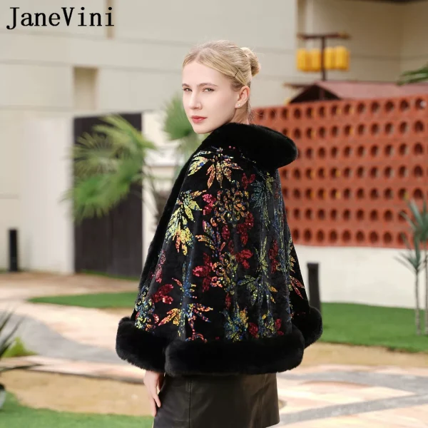 JaneVini Moda Nero Paillettes Scialle da sposa Avvolgente in pelliccia sintetica Bolero Abito da sera Mantello da donna Mantello da sposa Coprispalle Giacca invernale 3