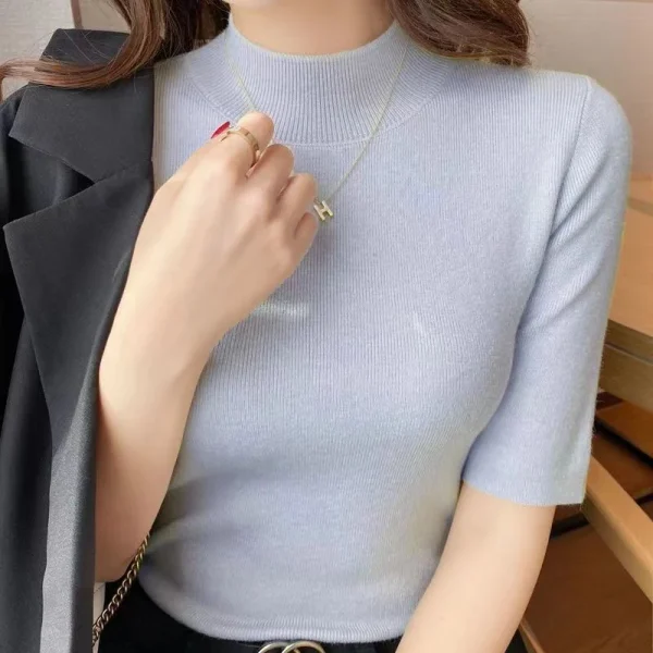 Top da donna in tinta unita con colletto alla coreana, mezza manica, casual, sottile, in maglia elastica alta, basic, morbido, autunno/primavera 4