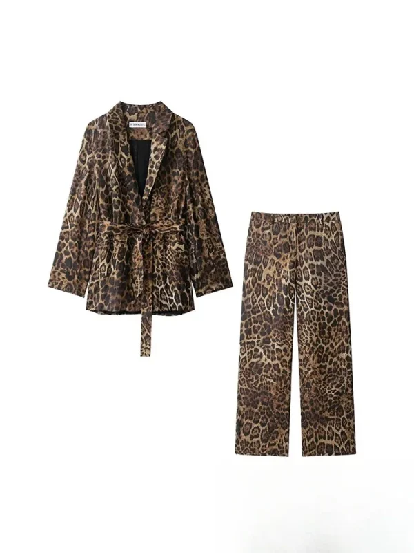 KONDALA Vintage Leopard Print Abiti da donna Scollo a V Telai Manica lunga Giacca oversize + Pantaloni a gamba larga Moda 2025 Abiti autunnali 2