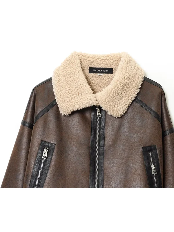 Giacca in pelle da donna 2025 Donna High Street Manica lunga Cerniera Fodera in lana di agnello Giacche Cappotti corti Lady Autunno Nuovi capispalla 3