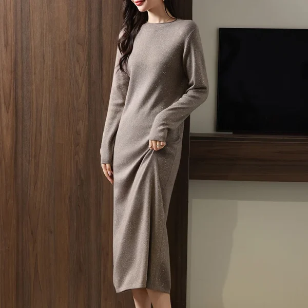 Autunno e inverno nuovo girocollo lungo caldo gonna dritta abito maglione con gonna in maglia di lana tinta unita da donna 5
