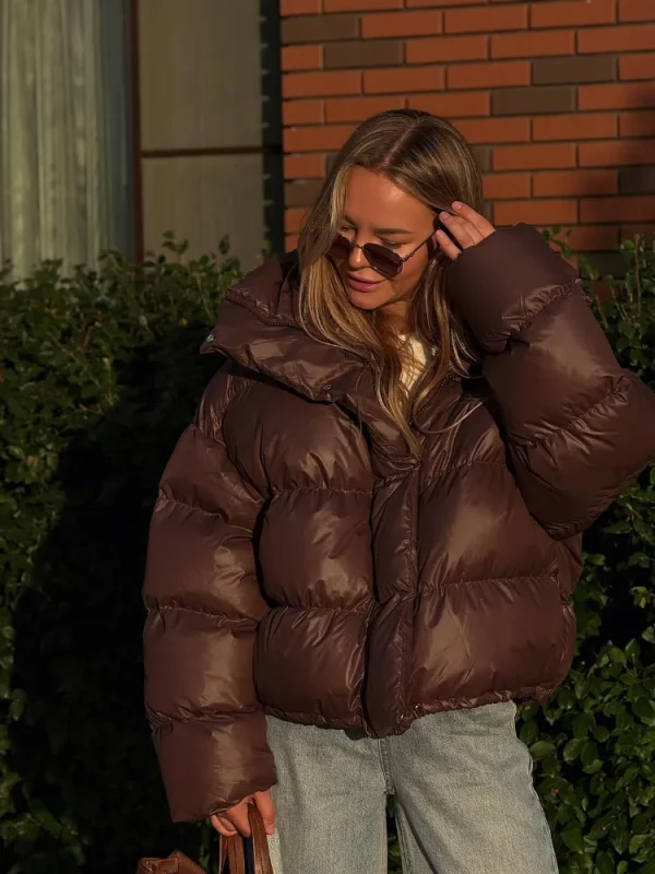 Cappotto corto in cotone marrone tinta unita Cappotto casual da donna con risvolto manica intera monopetto giacca ampia invernale da ufficio 2025 1