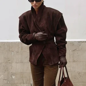 Talenza Giacca vintage in pelle scamosciata marrone Moda donna Solido scollo a V Manica lunga Tasca con risvolto Cappotto con bottone singolo Capispalla da strada alla moda 1