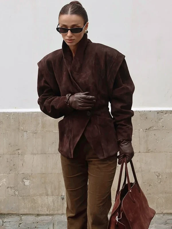 Talenza Giacca vintage in pelle scamosciata marrone Moda donna Solido scollo a V Manica lunga Tasca con risvolto Cappotto con bottone singolo Capispalla da strada alla moda 1