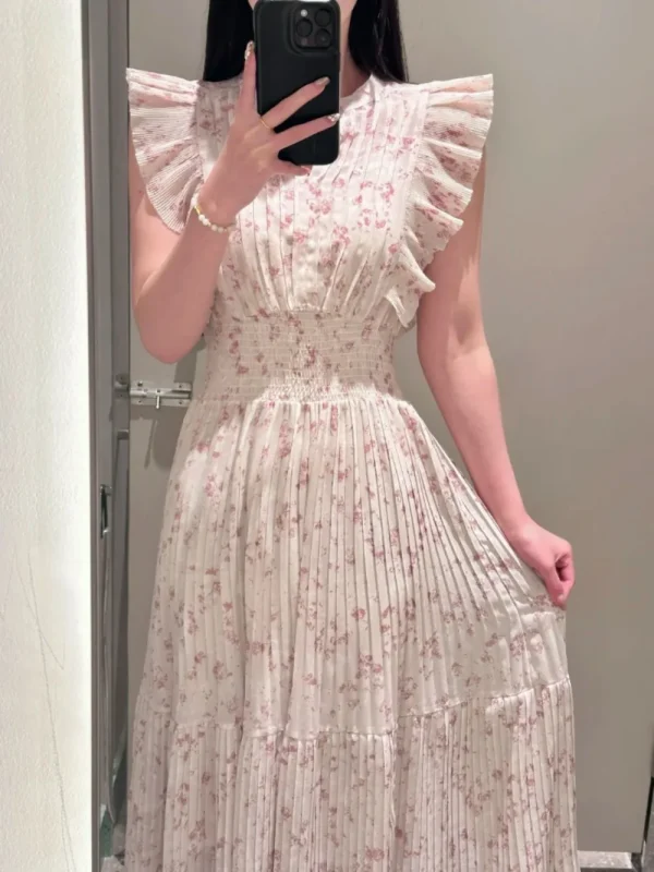 Kuzuwata Nuovo Dolce O Collo Abito con maniche volanti Increspature Chiffon Stampa Patchwork Abito a pieghe Giappone Elegante Letterario Casual Vestido 6