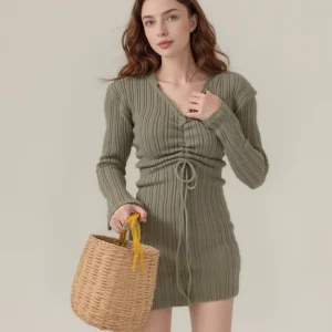 Mini abito lavorato a maglia tinta unita con coulisse e scollo a V primaverile Autunno Abiti da donna slim fit sexy Autunno Elegante maglieria 1