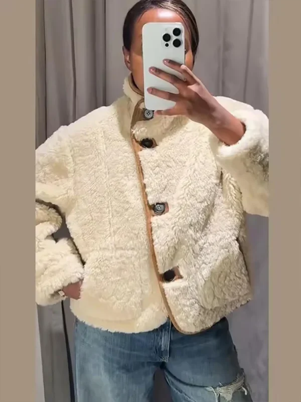 Giacca in pelle scamosciata da donna 2025 Moda autunno inverno Cappotti corti double face Giacche con bottoni a maniche lunghe Cappotto da donna per il tempo libero da strada 4