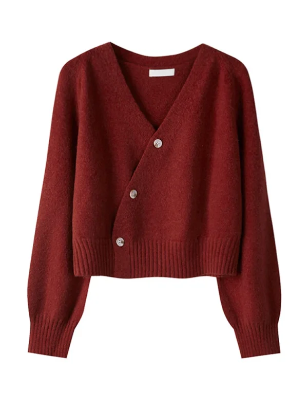 2025 Autunno Inverno Bottone obliquo Cardigan Maglione con scollo a V Donna Top a maniche lunghe lavorato a maglia Maglione donna coreano allentato in cashmere solido 5