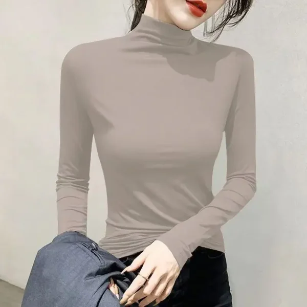 Nuovo stile di fondo Autunno e inverno Colletto semi-alto elastico sottile per donna Top versatile a maniche lunghe 4