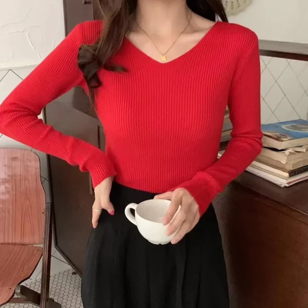 Autunno Nuovo Strato Base in Maglia Top da Donna Dimagrante Tinta Unita con Scollo a V Maglione a Maniche Lunghe Modellante Liscio Slim Fit Abbigliamento Casual 4