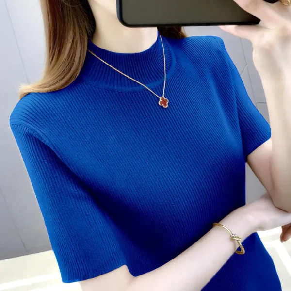 Elegante moda Harajuku Slim Fit abbigliamento femminile Casual tutto abbinato t-shirt solido dolcevita stile sottile maglioni manica corta 5