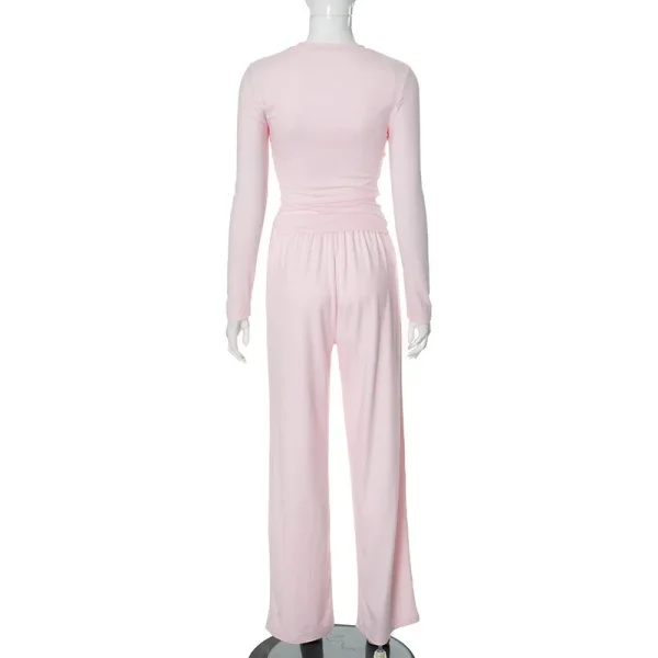 Pantaloni basic casual plissettati solidi appraenti Set girocollo manica lunga Top moda sportiva stile pantaloni a gamba larga a vita alta 6