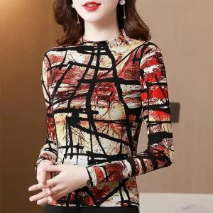 Autunno e inverno Pullover da donna girocollo Patchwork stampa sottile sottofondo moda Casual elegante pendolare manica lunga top 1