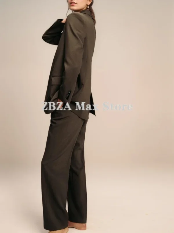 ZBZA Donna Moda 2025 Autunno Marrone Office Lady Donna Abiti Allentato Scollo a V Giacca + Pantaloni a gamba lunga a vita alta Set da donna vintage 4