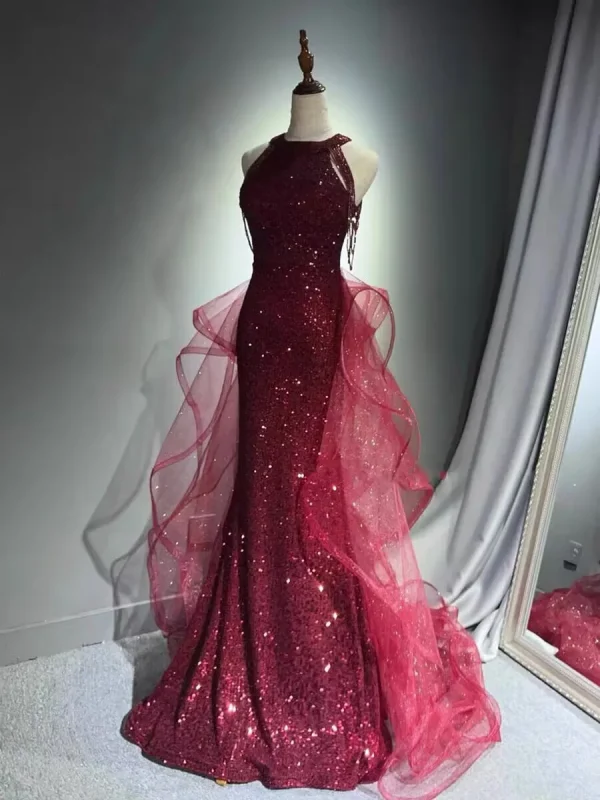 Abiti da sera eleganti blu navy scintillanti Halt Abito da festa con perline Abito da ballo personalizzato 2025 Abiti da sera a strati Sweep Train 6