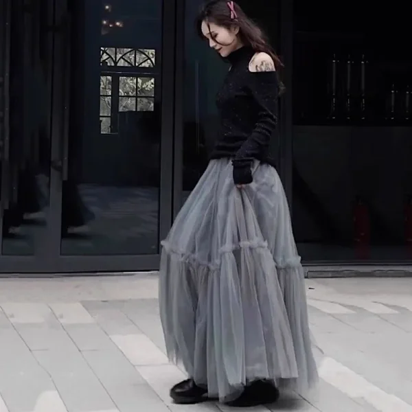 Gonna da donna in tulle con volant multistrato Gonna lunga soffice a pieghe a vita alta Abito da torta da fata Gonna lunga da festa con tutù 2