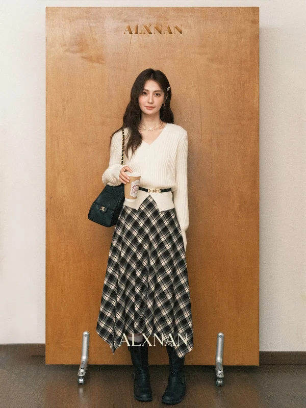 ALXNAN Gonna irregolare scozzese nera Donna Elegante lunga A-line Gonne longuette a quadretti 2025 Autunno Inverno Abbigliamento femminile L57278-1 2