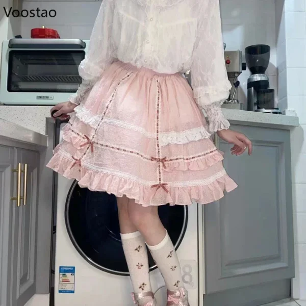 Minigonna giapponese dolce Lolita donna Harajuku Kawaii fiocco in pizzo volant gonne da festa ragazze vintage carino abito da ballo gonne torta 2