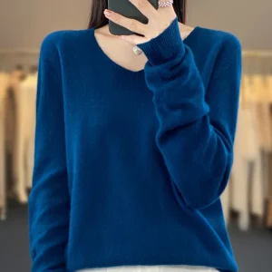 100% lana Merino maglione da donna con scollo a v pullover a maniche lunghe autunno inverno maglione di base maglieria in Cashmere abbigliamento femminile caldo 1