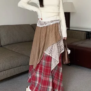 Gonne lunghe scozzesi vintage di design Donna stile coreano Gonna irregolare a vita alta allentata Casual Streetwear Gonna Y2k patchwork retrò 1