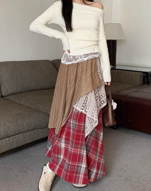 Gonne lunghe scozzesi vintage di design Donna stile coreano Gonna irregolare a vita alta allentata Casual Streetwear Gonna Y2k patchwork retrò 1