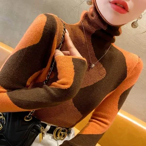 Abbigliamento donna Maglioni dolcevita slim moda vintage Autunno Inverno Elegante pullover in maglia patchwork chic Top da donna da ufficio 1
