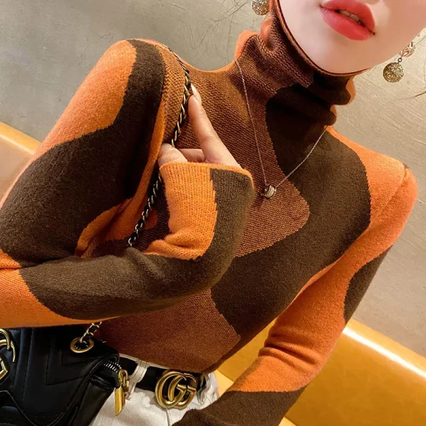 Abbigliamento donna Maglioni dolcevita slim moda vintage Autunno Inverno Elegante pullover in maglia patchwork chic Top da donna da ufficio 1
