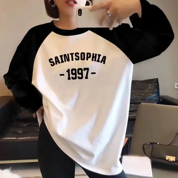 T-shirt allentata oversize vintage stile americano autunno inverno Abbigliamento donna T-shirt casual a maniche lunghe con o-collo Top chic in puro cotone 2