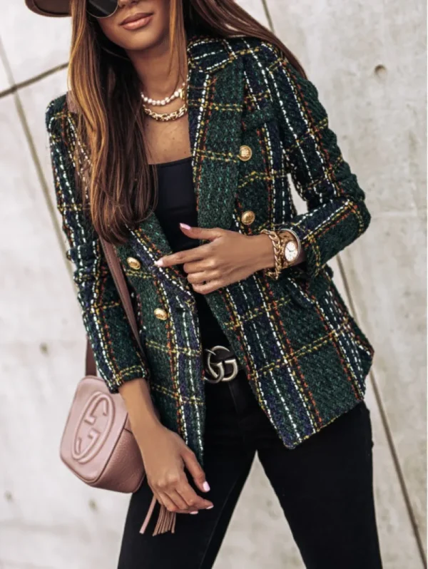 Donna New Vintage manica lunga doppio petto giacca scozzese cappotto tasche con patta bottoni casual giacca autunnale capispalla femminile 5