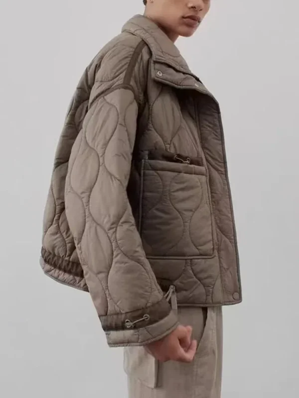 Giacca donna in cotone caldo Autunno e Inverno Colletto in piedi Manica lunga Zip frontale con bottoni Giacca Vintage 5