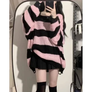 Primavera Autunno Nuovo maglione nero rosa da donna Primavera e autunno Top maglione lavorato a maglia a righe stile pigro allentato medio lungo 1
