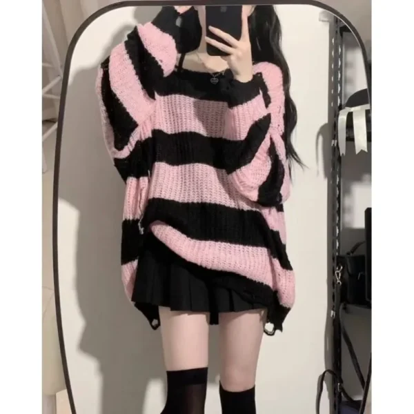 Primavera Autunno Nuovo maglione nero rosa da donna Primavera e autunno Top maglione lavorato a maglia a righe stile pigro allentato medio lungo 1