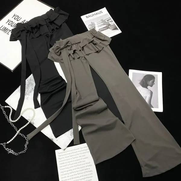 Deeptown Y2k Bow Ruffles Pantaloni a zampa d'elefante Donna Sexy Vita bassa Slim Casual Gonne Pantaloni Autunno Inverno Street Coquette Pantalones 6