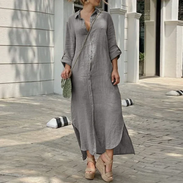Abiti da donna comodi e casual in cotone e lino Abito cardigan monopetto con risvolto Abito da pendolare quotidiano a maniche lunghe primavera autunno 5