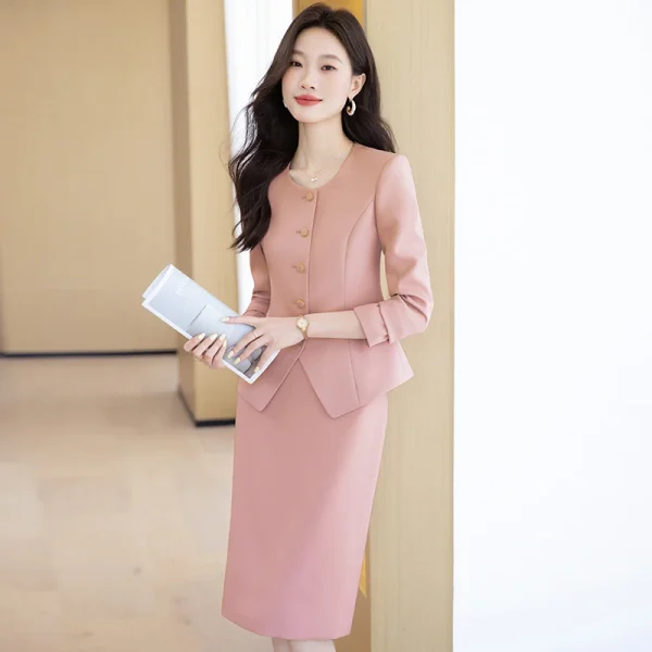 NAVIU Abiti eleganti da donna viola Moda Temperamento Casual Business O Collo Giacca sottile e gonna Abbigliamento da lavoro da donna per ufficio 4