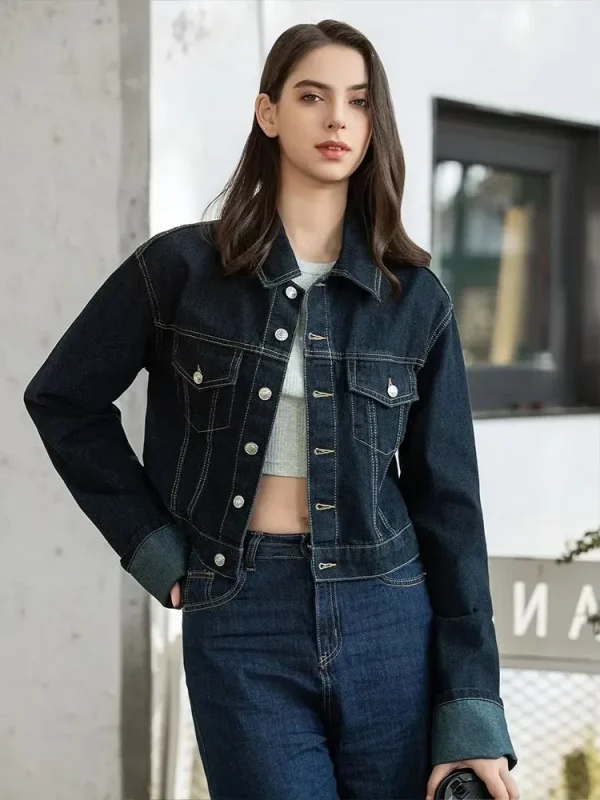 HH Set di pantaloni da giacca di jeans vintage da donna Cappotto monopetto con risvolto a maniche lunghe Pantaloni a gamba larga Jeans Abiti da strada 3