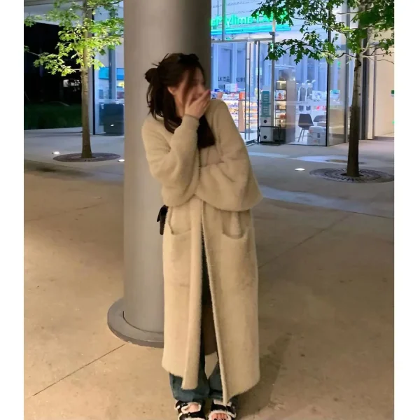 cardigan lungo con cappuccio moda coreana donna 2025 lavorato a maglia manica lunga inverno vestiti in stile coreano maglieria a maniche lunghe autunno rosa 5