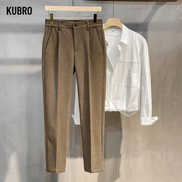 Pantaloni da abito autunno inverno uomo spesso business elastico in vita classico grigio marrone lana pantaloni formali coreani dritti uomo 28-38 5