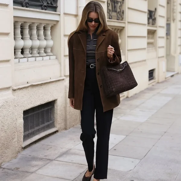 HXAO Giacca da donna Old Money Giacche Giacca in pelle scamosciata marrone Cappotto Giacca vintage da mezza stagione Autunno Inverno Novità in capispalla 4