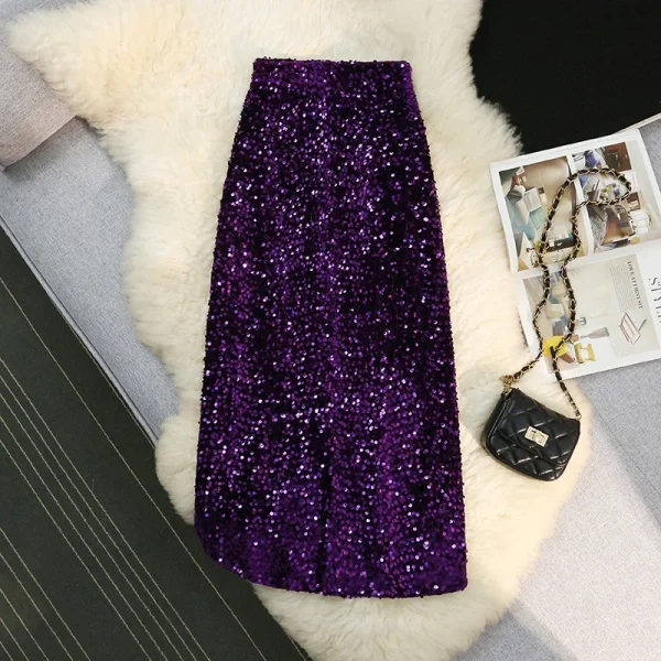 Seoulish Autunno Inverno Velluto A Vita Alta Con Paillettes Wrap A-Line Gonne 2024 Nuovo Elegante Indietro Split Gonne a Matita Femminile 3